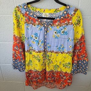 Blouse Women's Small Tunic Floral Mixed Print Color Block Lightweight